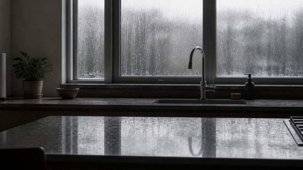 A kitchen counter lit only by grey daylight during a heavy rain shower, water running down a window, the room dim and the counter surface reflecting the window